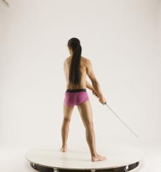 Man Adult Athletic Fighting with sword Standing poses Underwear Asian